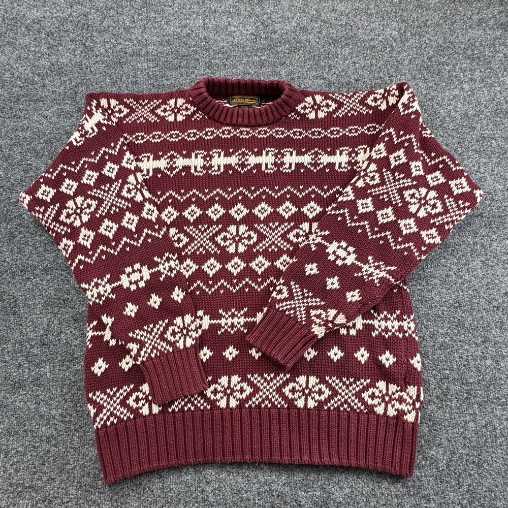 Eddie Bauer Fair Isle Sweater Mens Large Burgundy Vintage Cotton Knit Cabin Core